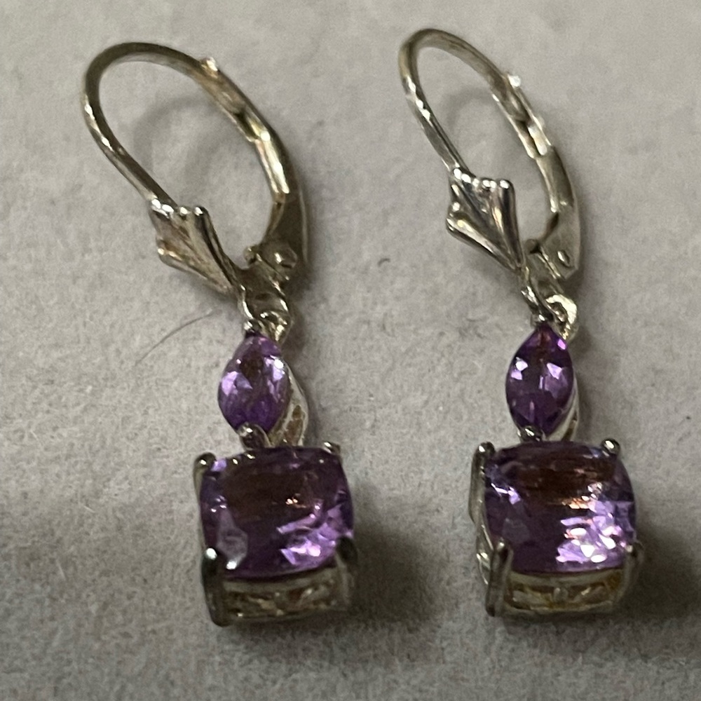 NWT 925 Sterling Silver Natural Gemstone Amethyst Drop Leverback Earrings💜